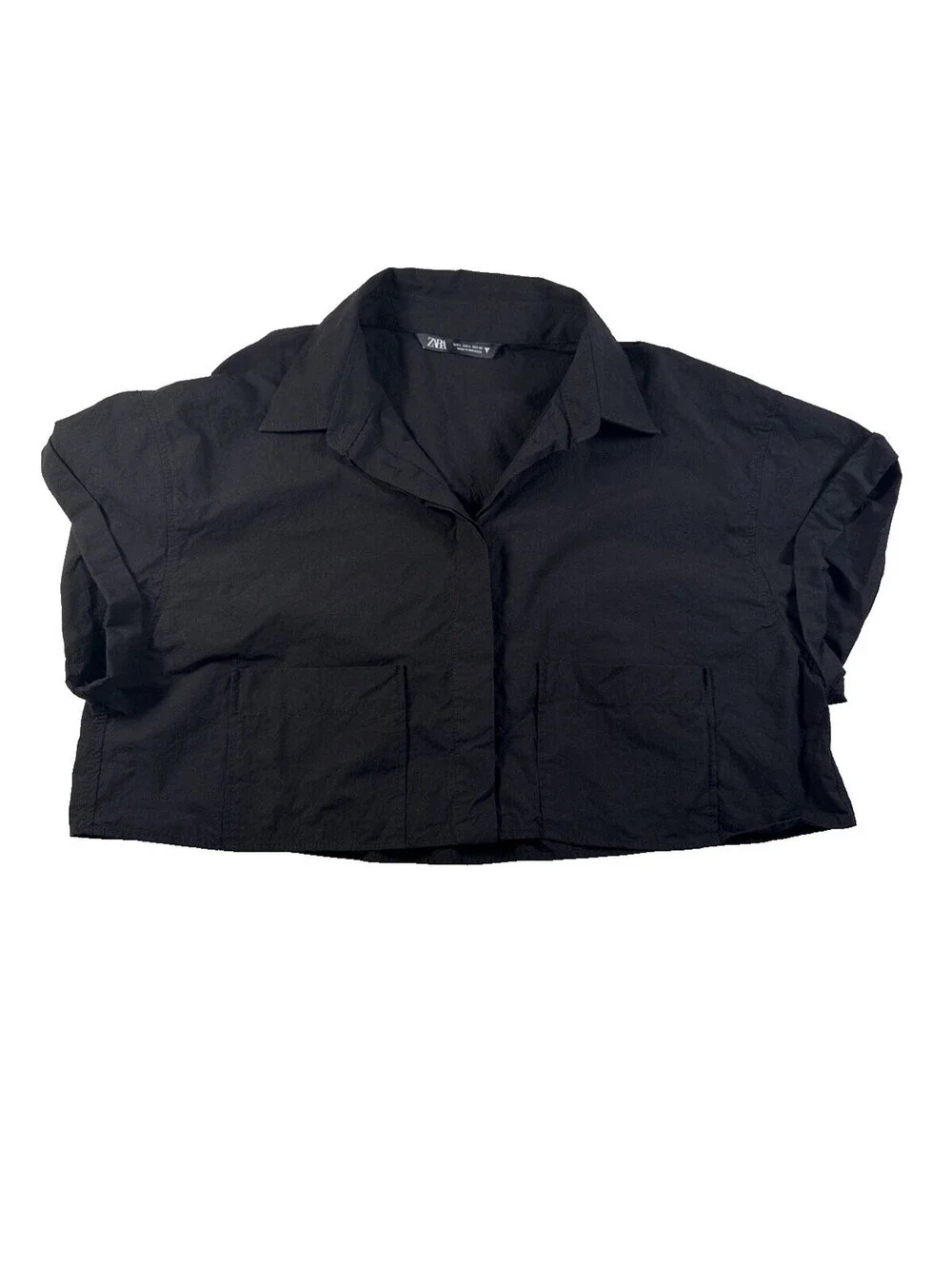 Zara Womens Shirt Crop Top Poplin Black Button Up Short Sleeve Sz L Pre Owned